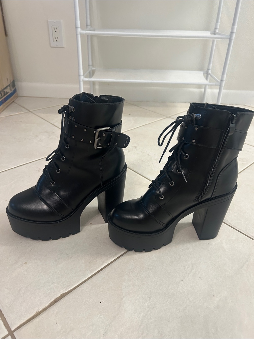 SHEIN Black Lace-Up Platform Ankle Boots with Buckle Detail